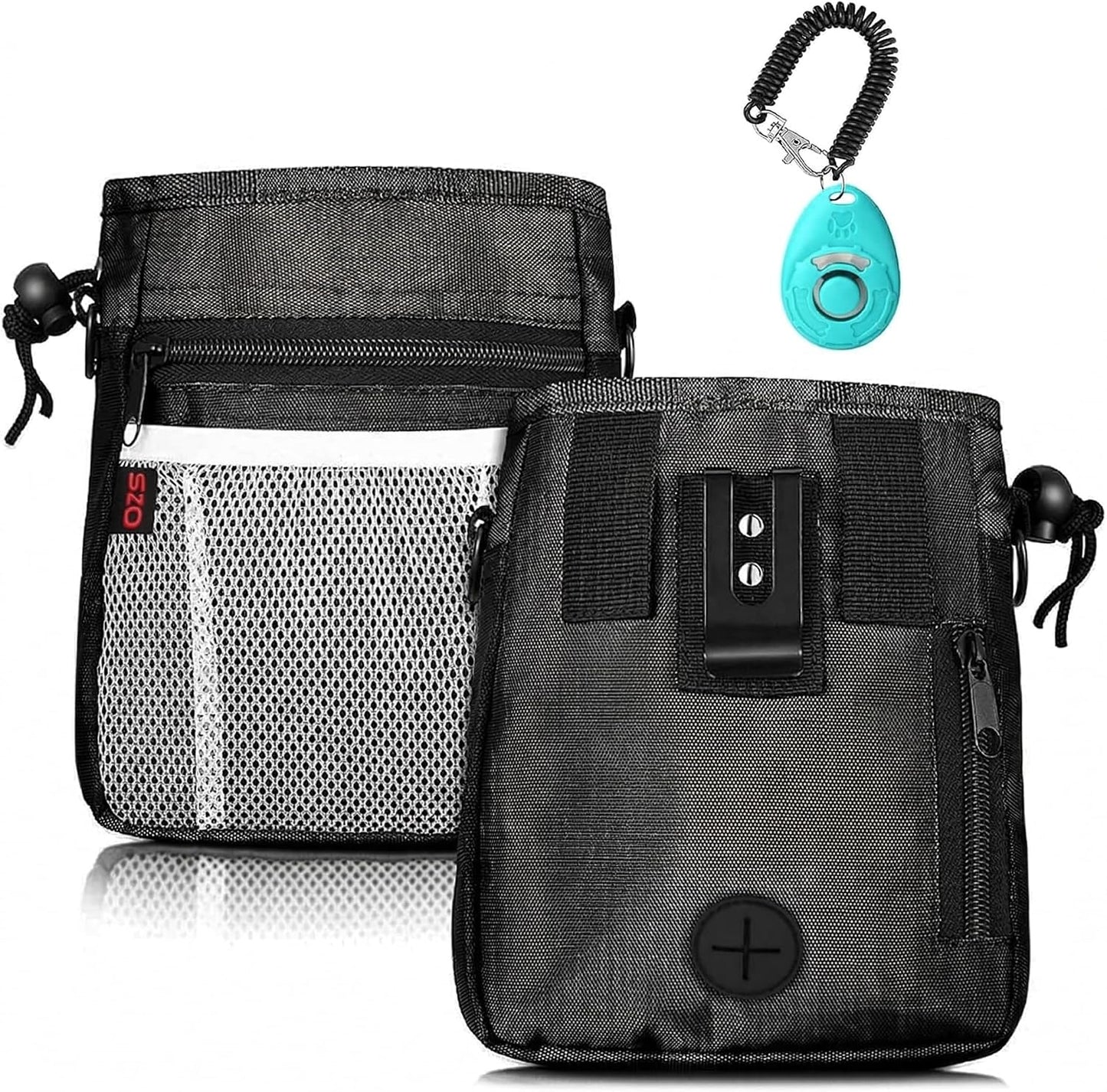 Dog Treat Pouch - 3 Ways to Wear Treat Pouches for Pet Training and 2 Pieces Clicker Taining for Dogs, Dog Training Treat Pouch Bag and Dog Clicker for Training with Waist Belt Shoulder Strap - Black