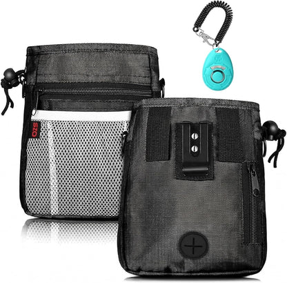 Dog Treat Pouch - 3 Ways to Wear Treat Pouches for Pet Training and 2 Pieces Clicker Taining for Dogs, Dog Training Treat Pouch Bag and Dog Clicker for Training with Waist Belt Shoulder Strap - Black